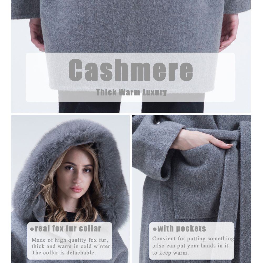 MISSJANEFUR-abrigo de lana con cuello de piel de zorro Real para mujer, abrigo de Cachemira con cinturón, abrigo cálido con capucha para invierno, 2023