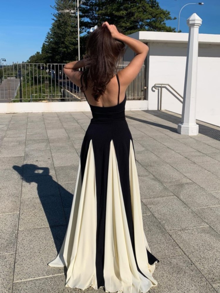 Robe maxi patchwork à bretelles pour femmes, col en V, dos nu en fibre, robes élégantes, longueur au sol, chic, mode féminine, été