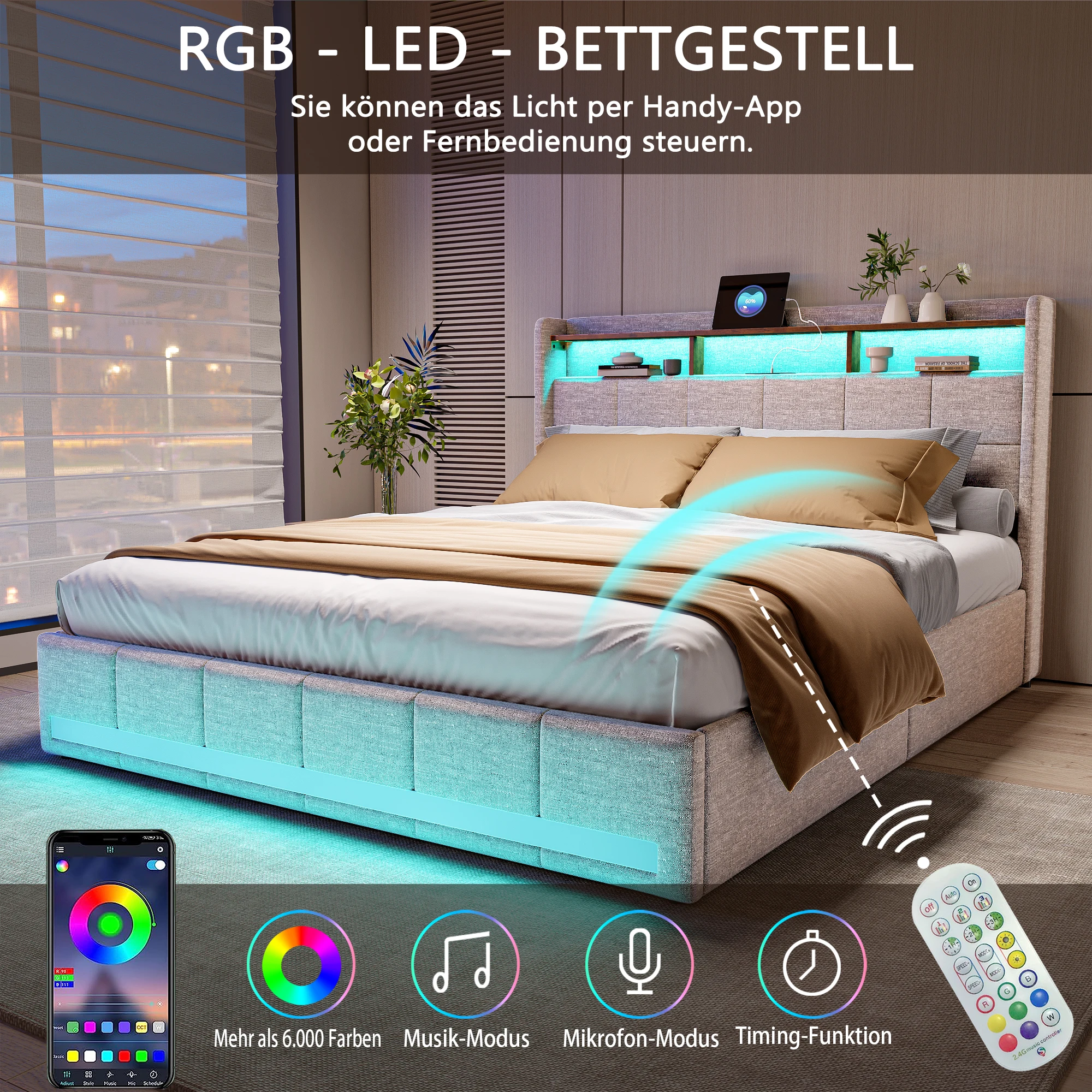 Łóżko tapicerowane lnem Lazyspace, rama łóżka z 4 szufladami do przechowywania, listwą LED i ładowaniem USB typu C