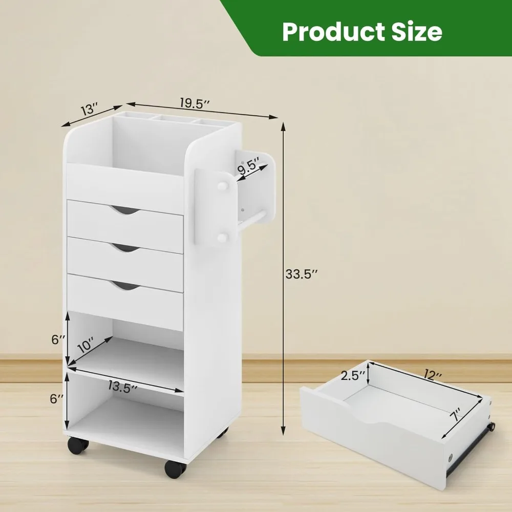 Rolling Storage Drawer Cart, Mobile Storage Cabinet with 3 Drawers, 2 Open Shelves, 2 Dowel Rods, Wooden Craft Organizer