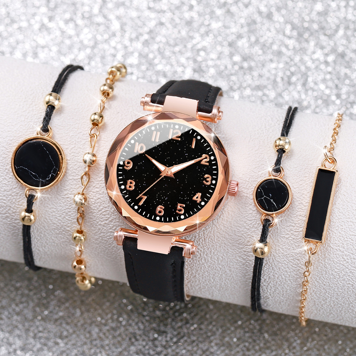5 unids/set de relojes para mujer, conjunto de pulseras, reloj de cuarzo con banda de cuero y esfera de cielo estrellado a la moda