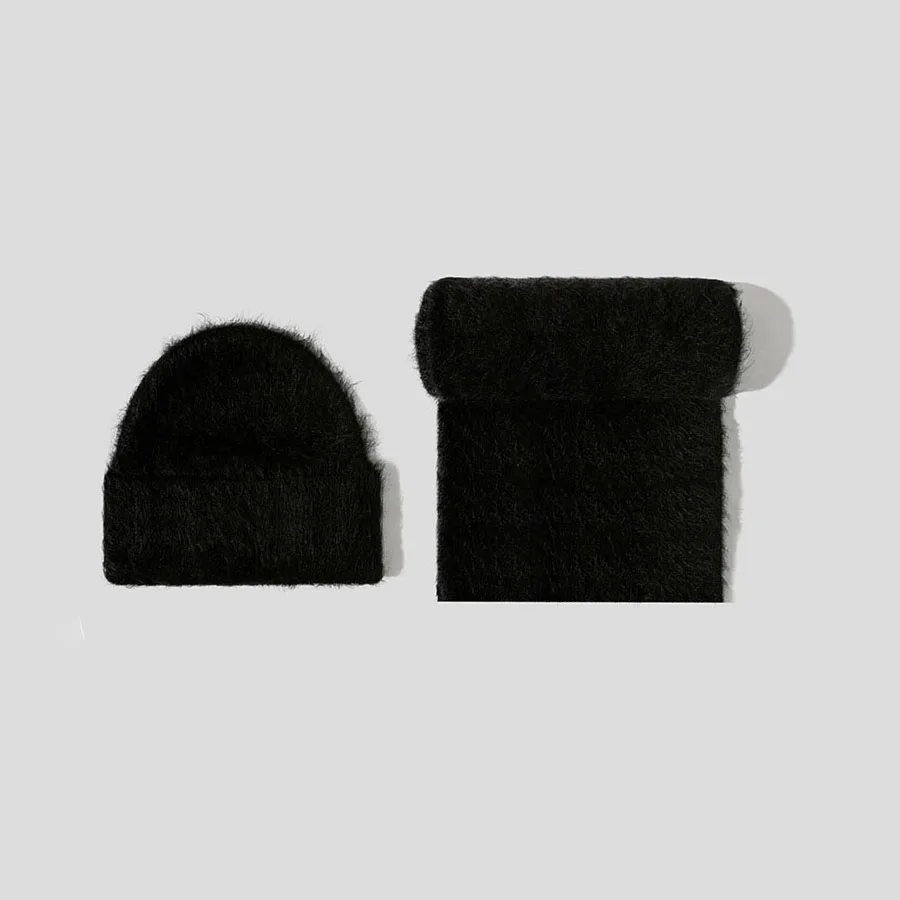 ปุย Alpaca ขนสัตว์ Beanies ผ้าพันคอชุดผู้หญิงหมวกถักอบอุ่นสองชิ้นฤดูหนาว