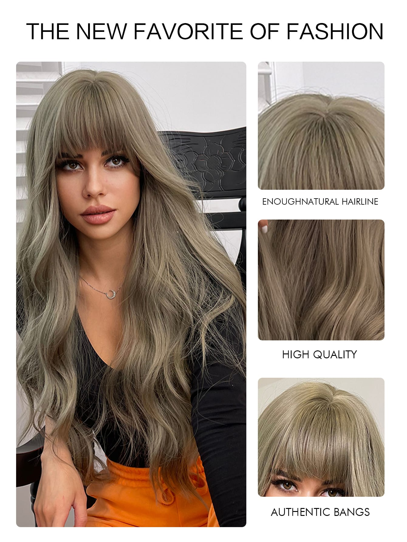 Preciosa peluca ondulada larga y rizada gris de lino y madera verde - Reemplazo de cabello sintético para mujeres