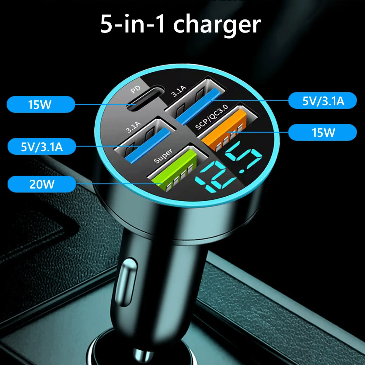 ที่ชาร์จแบตในรถอะแดปเตอร์รถยนต์แสดงผลดิจิตอลด้วย USB 5พอร์ตชาร์จอัจฉริยะตรวจจับแรงดันไฟฟ้าได้อย่างรวดเร็วที่ชาร์จแบตเตอรี่โทรศัพท์
