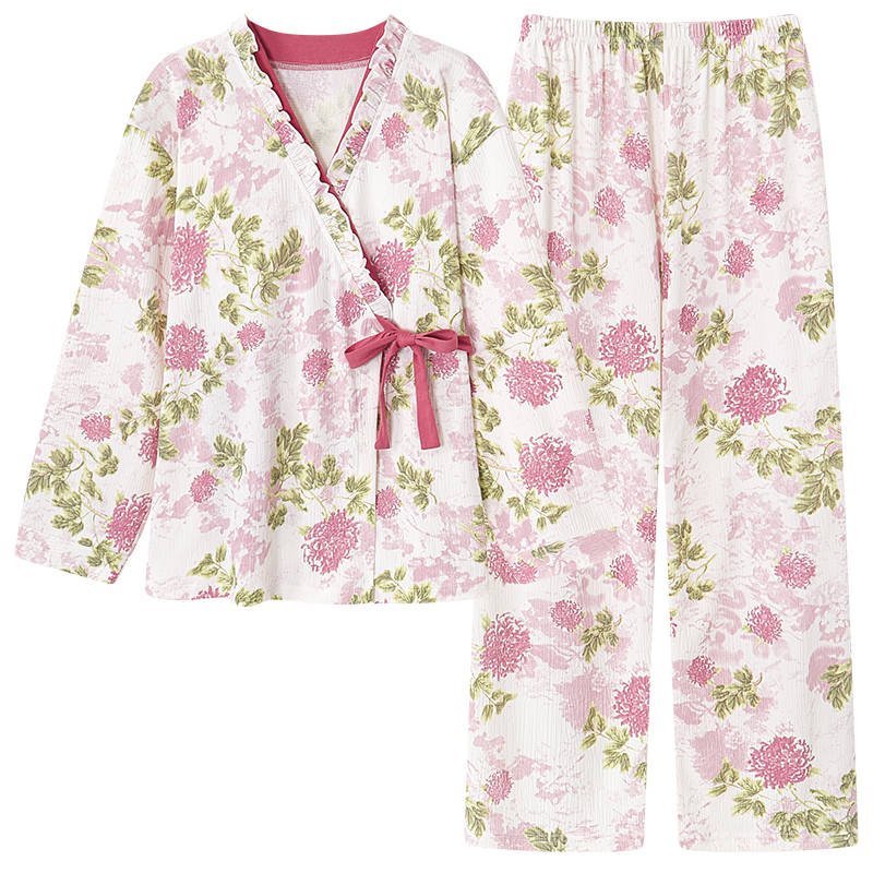 Printemps automne col en v pyjamas femme pyjamas ensembles élégant Floral japonais kimonos pour les femmes grands chantiers M-4XL coton Yukata
