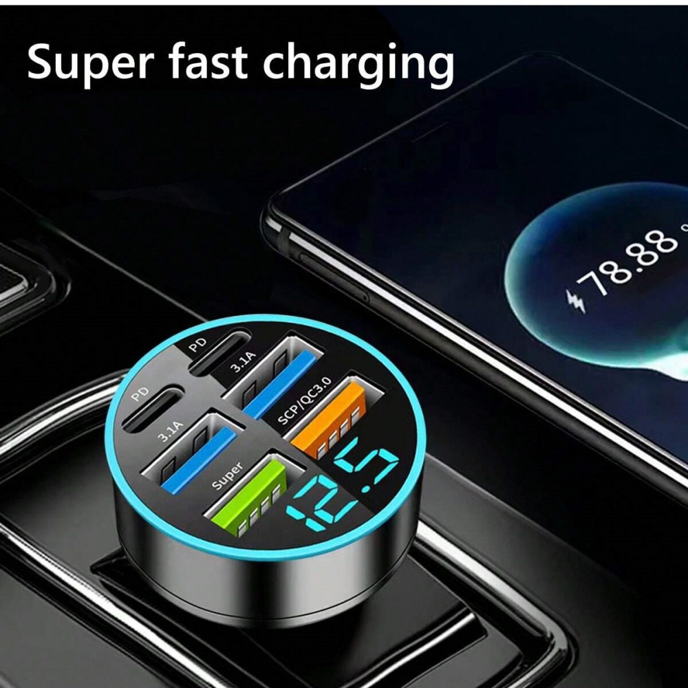 6 in 1 snel opladen autolader PD QC3.0 USB C digitaal display voor iPhone Samsung Vivo OPPO Oneplus auto mobiele telefoons adapter