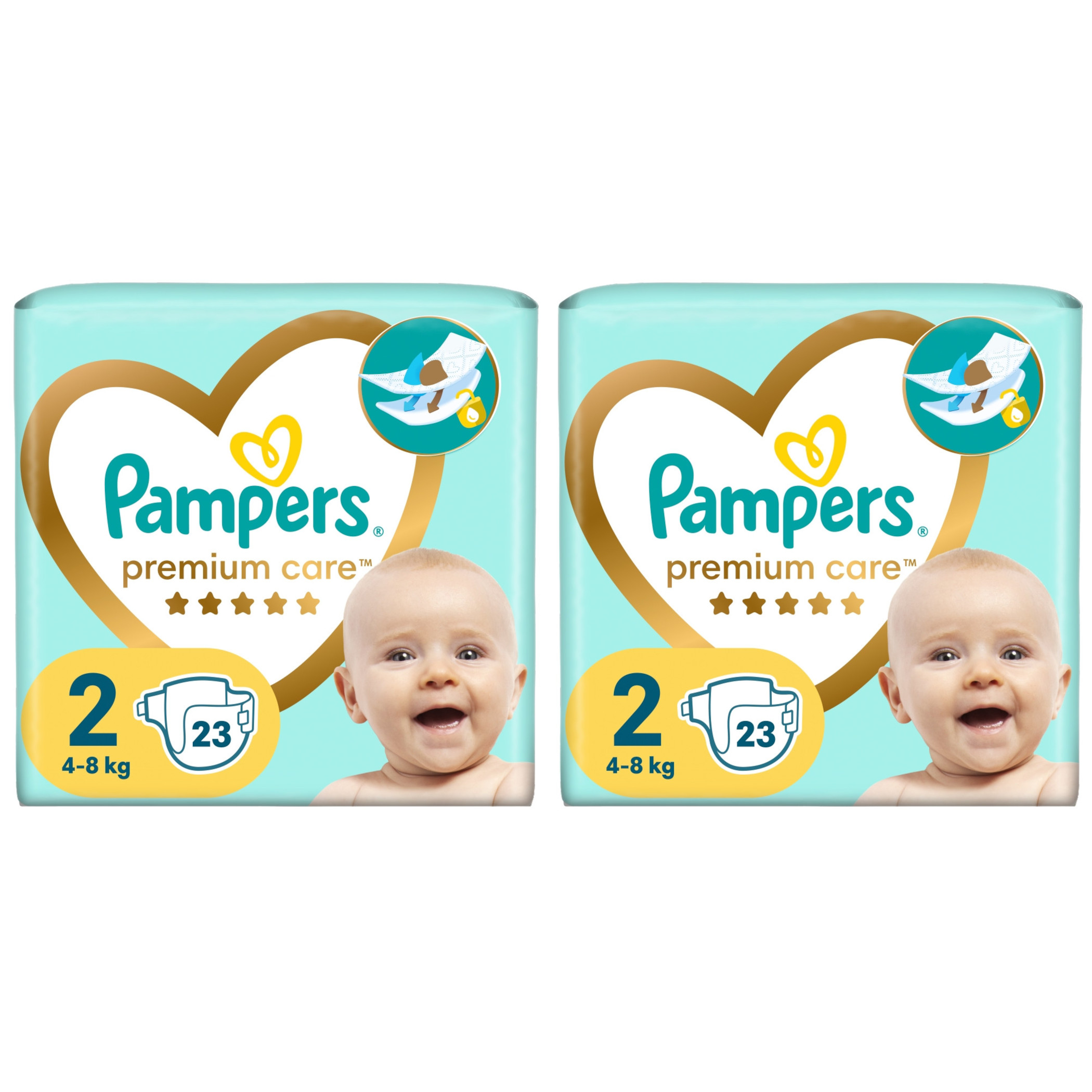 2x Pieluchy PAMPERS Premium Care roz 2 (4-8 kg) 23 szt