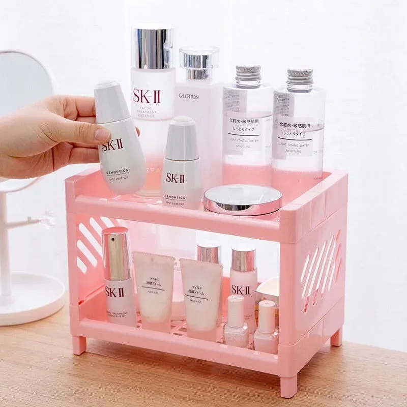 1PC PP Desktop Double Layer Storage Rack Rectangular White Organizing Student Desk Office Cosmetics Stationery