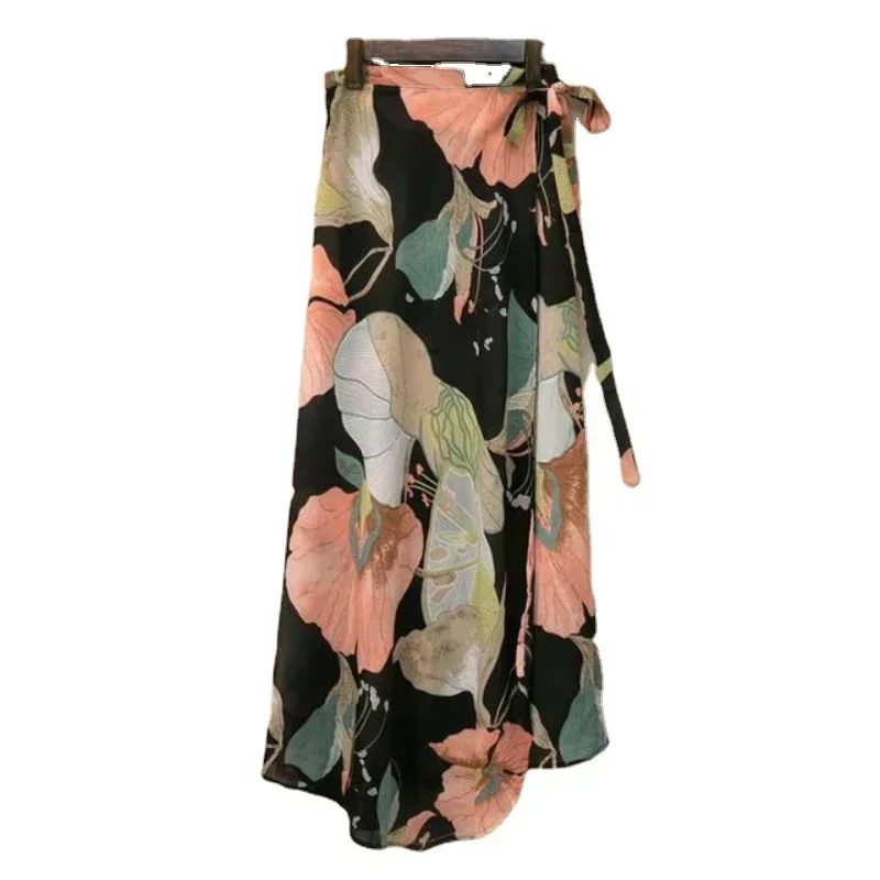 Mode Katoen Vrouwen Bloemenprint Rok Zijband Strand Rokken Zomer Hoge Taille Wrap Bloem Lange Rok Met Split Zwarte Rok