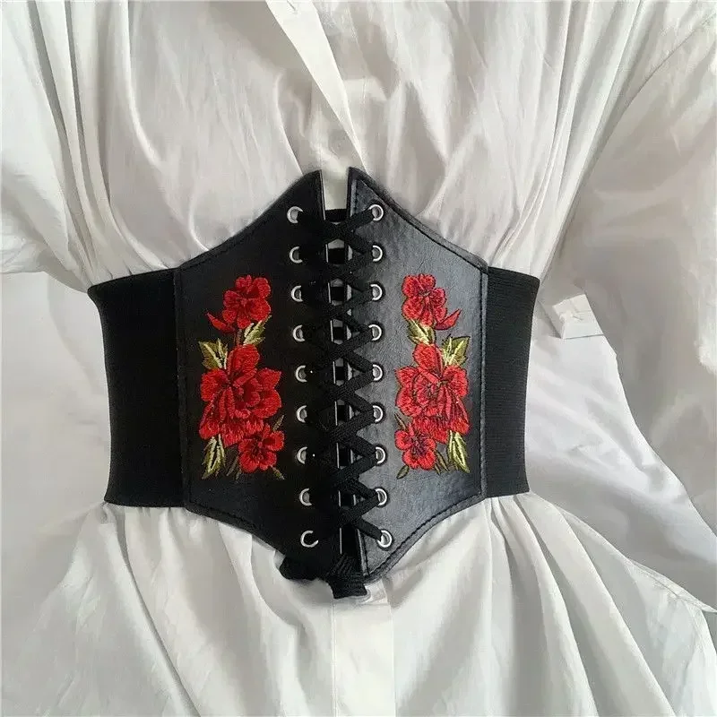 Corsé para mujer, cinturón ancho, fajas con bordado de flores de PU, cinturilla adelgazante, cinturón Vintage, traje, vestido, camisa, accesorios de ropa