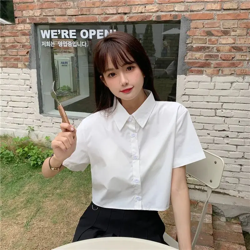 Oversize Cropped เสื้อเชิ้ตสีขาวผู้หญิงฤดูร้อนแขนสั้นโปโลคอปุ่มลง Basic เสื้อแขนสั้นเกาหลีหญิงเสื้อ