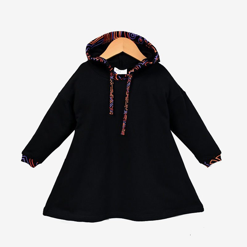 Conjunto familiar con capucha de algodón negro, vestido de rizo francés para niña, camisa con capucha, top, mameluco de bebé para otoño, negro con adornos coloridos