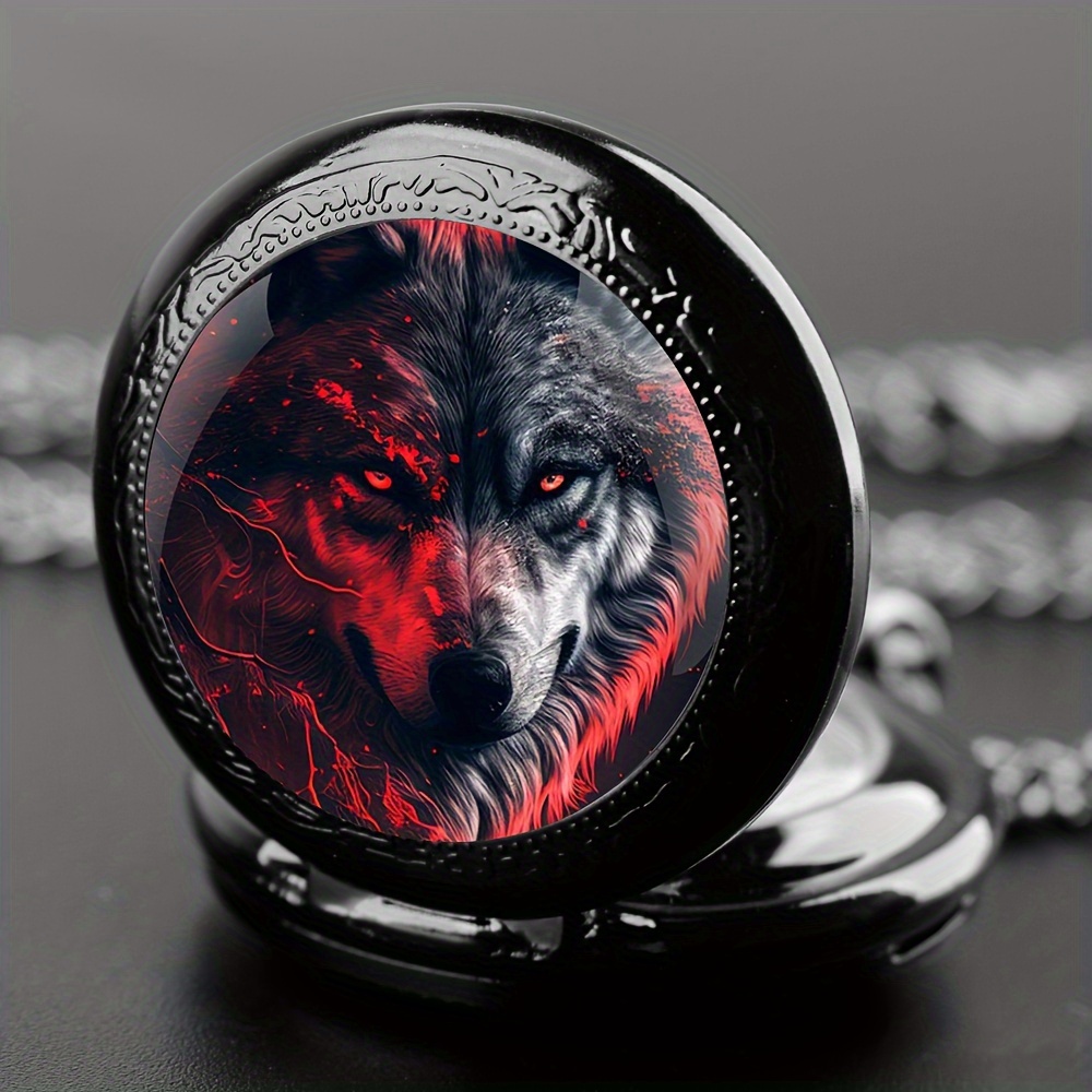 Unique Wolf Animal Pattern Quartz Pocket Watch with Black Necklace Pendant World-Time Feature, Analog Display For Women Men Kids