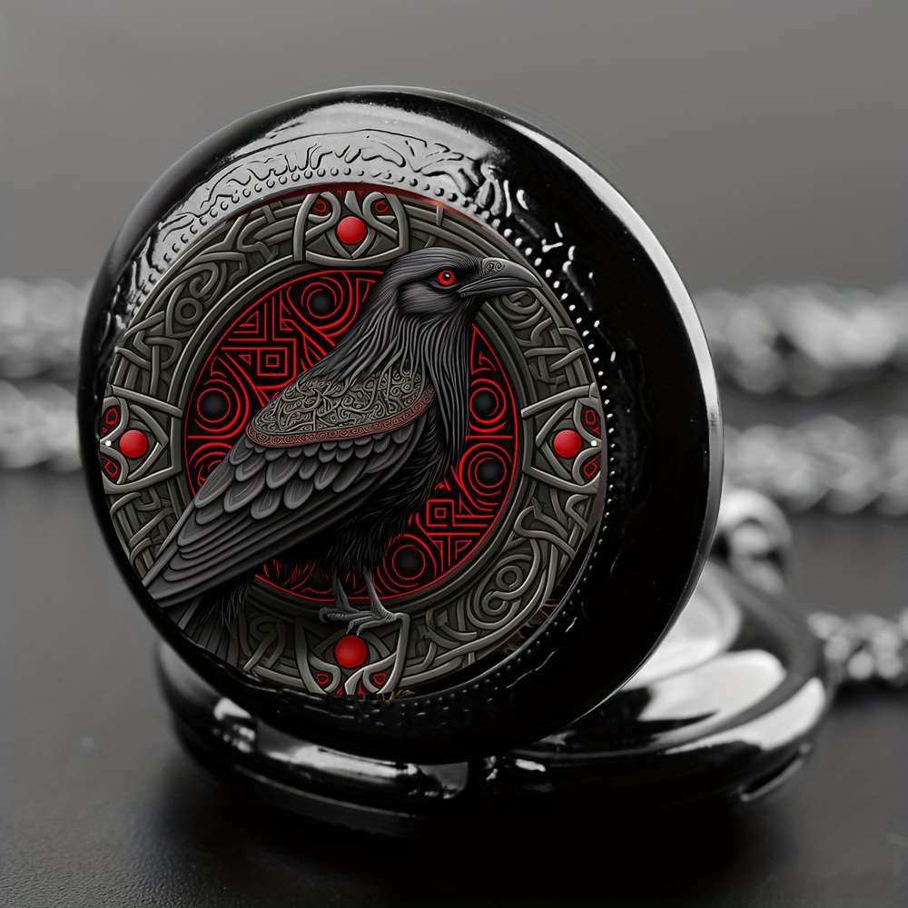 Squisito orologio da tasca in stile vintage con corvo intelligente: movimento al quarzo, quadrante rotondo, regalo souvenir con collana nera unica per bambini