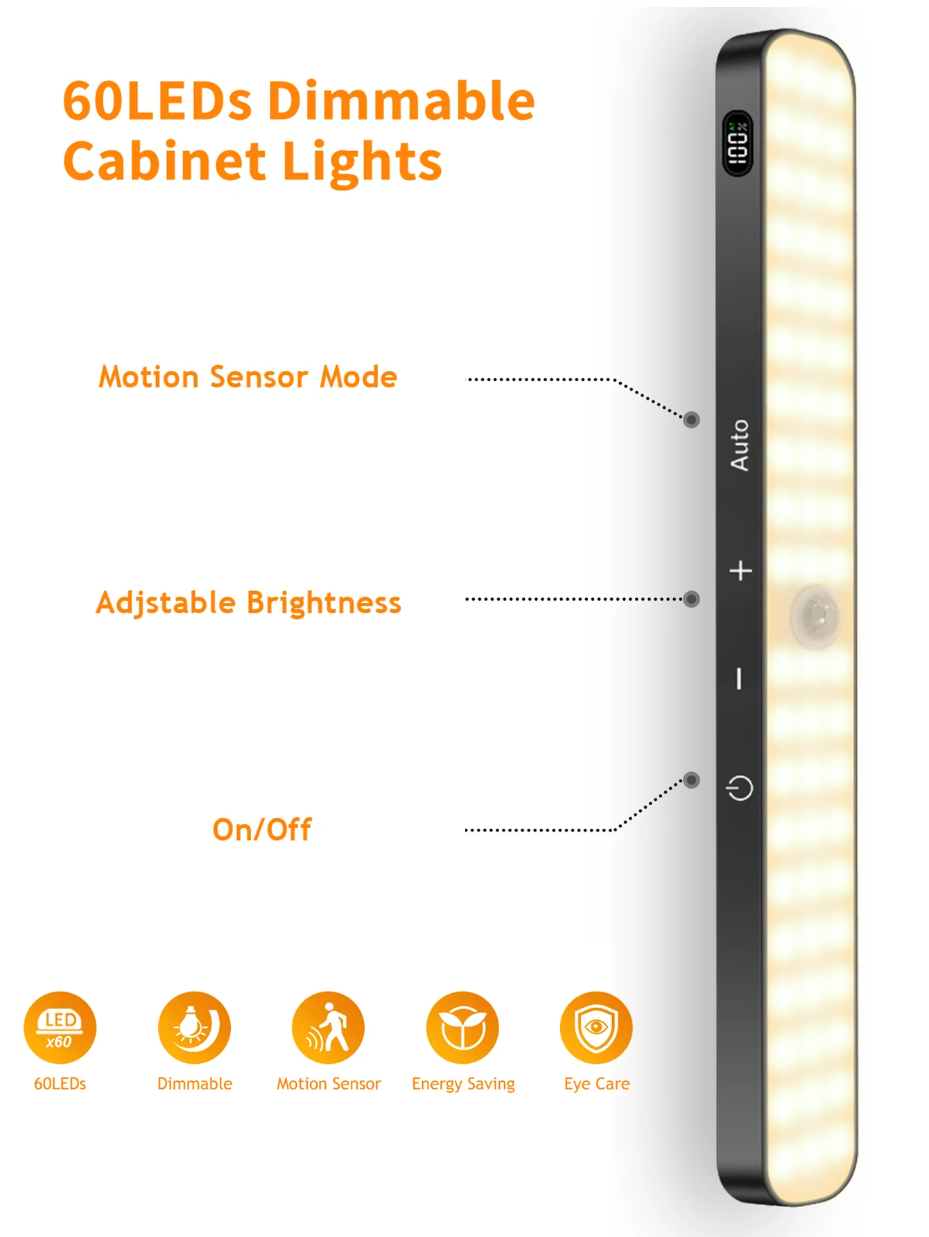 Armadietto con sensore di movimento WILLED Display a batteria a luce calda Barra luminosa touch a 60 LED Luce notturna con batteria ricaricabile wireless