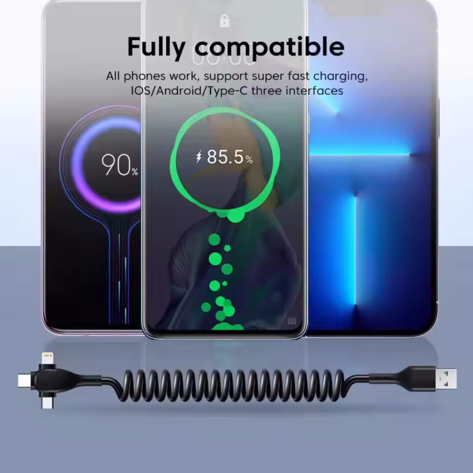 120W 3-in-1 USB C สายชาร์จเร็วสุดๆฤดูใบไม้ผลิสายเคเบิลข้อมูลแบบพับเก็บได้สำหรับไอโฟน หัวเว่ย เสี่ยวมี่โทรศัพท์เครื่องชาร์จด่วนสายไฟข้อมูล