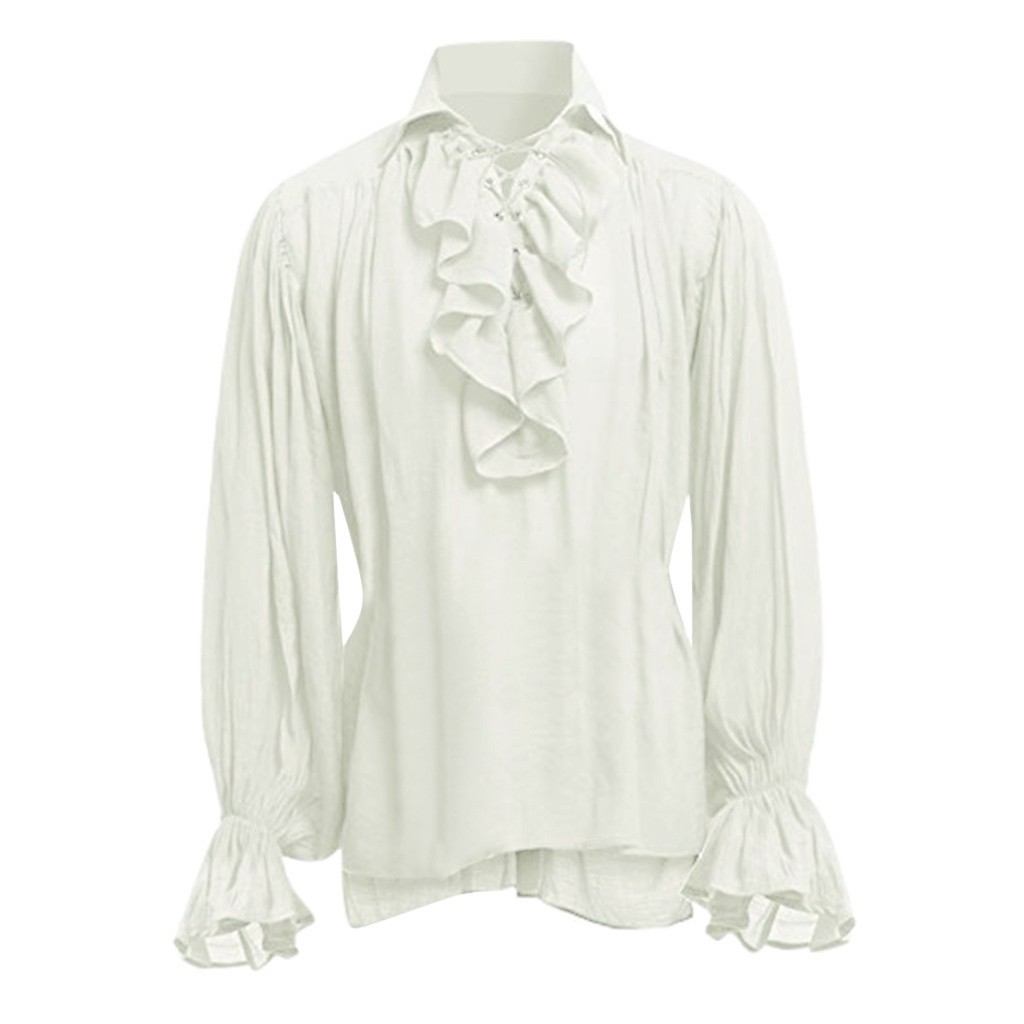 Camisas blancas góticas para hombre, blusa informal con manga acampanada y solapa con cordones Vintage, Camisas victorianas medievales para fiesta de Halloween