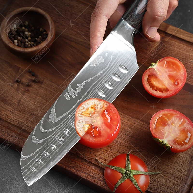 WXCOO มีดครัวมีดเชฟญี่ปุ่น Santoku Slicing Utility Meat Cleaver Butcher มีดแกะสลัก Sheath มีดทําอาหาร