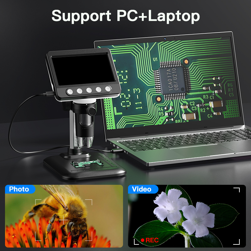 4.3"IPS Digital Microscope 1600X Magnification Zoom Video Record Coin Microscope for Electronics Soldering Phone Repair PCB 8led