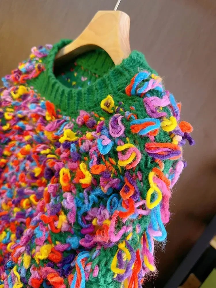 Fransen Häkelpullover Regenbogenfarbener handgemachter Pullover Rundhalsausschnitt Dicke Nadeln Strickpullover Strickwaren Herbst/Winter Damenbekleidung