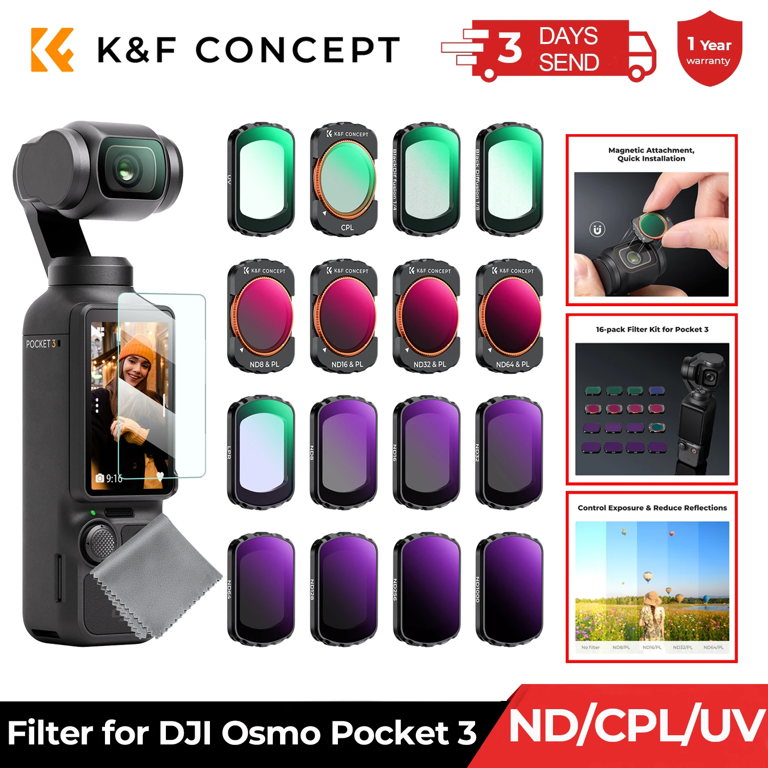 K&F Concept Sport Effect Filter for DJI Osmo Pocket 3 UV CPL ND ND/PL Black Mist 1/2 1/4 1/8 LPR Star 1.2X Wide-Angle Filter Set