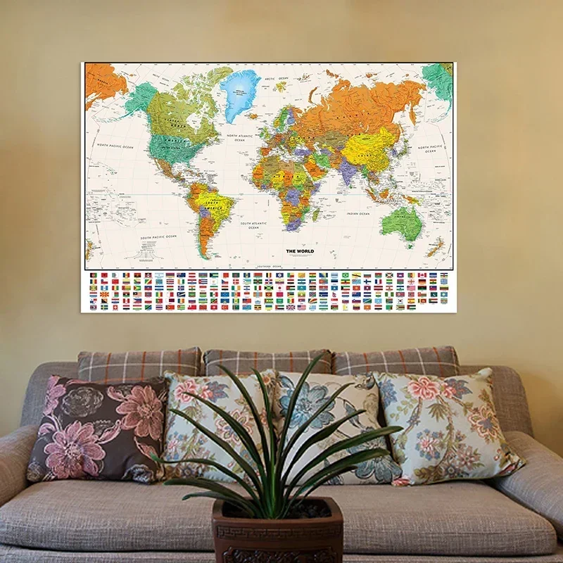Mapa del mundo de 150x100cm, cuadro decorativo colgante, pintura, póster artístico de pared, tela no tejida, suministros educativos para niños