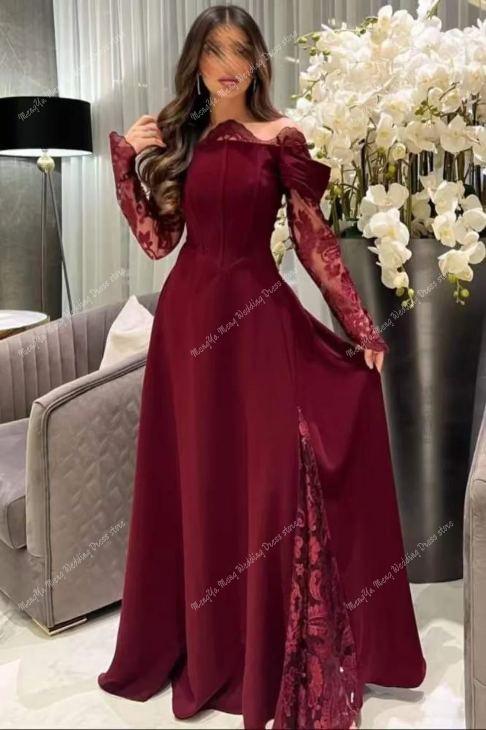 Zhuishu requintado fora do ombro borgonha rendas vestidos de noite delicado mangas compridas vestido de festa vestido de cocktail personalizado