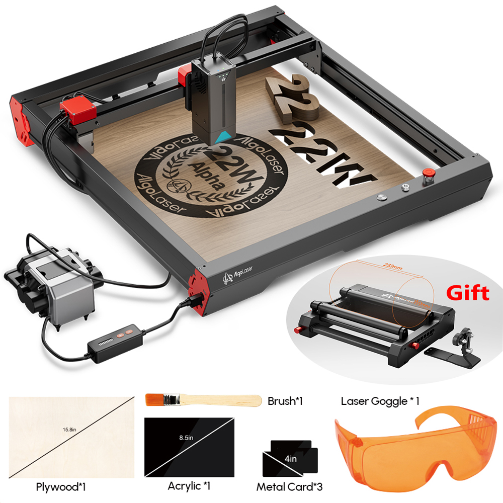 Máquina de corte a laser CNC AlgoLaser Alpha 22W com bomba de assistência de ar Wifi Máquina de gravação a laser de metal Máquina de corte e gravação a laser para carpintaria (CZ Overseas Warehouse em stock)