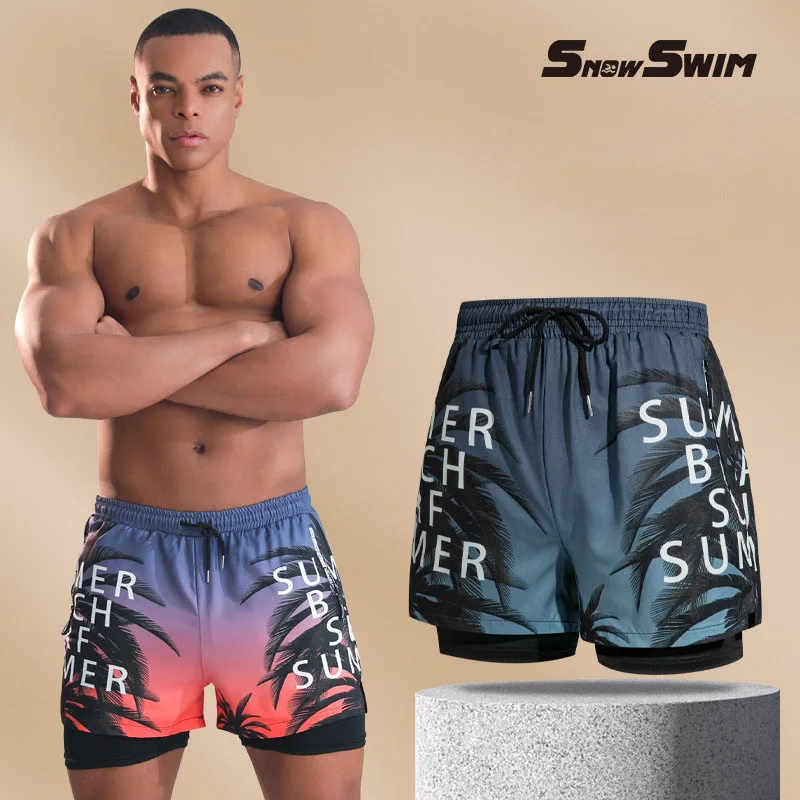 Bañadores de doble capa para hombre, calzoncillos tipo bóxer con forro antivergüenza y pantalones de playa profesionales, equipo de natación para adultos