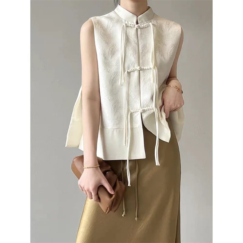 Chinês nova placa botão colete jaqueta 2025 primavera novo jacquard gola sem mangas colete retro feminino cheongsam topos