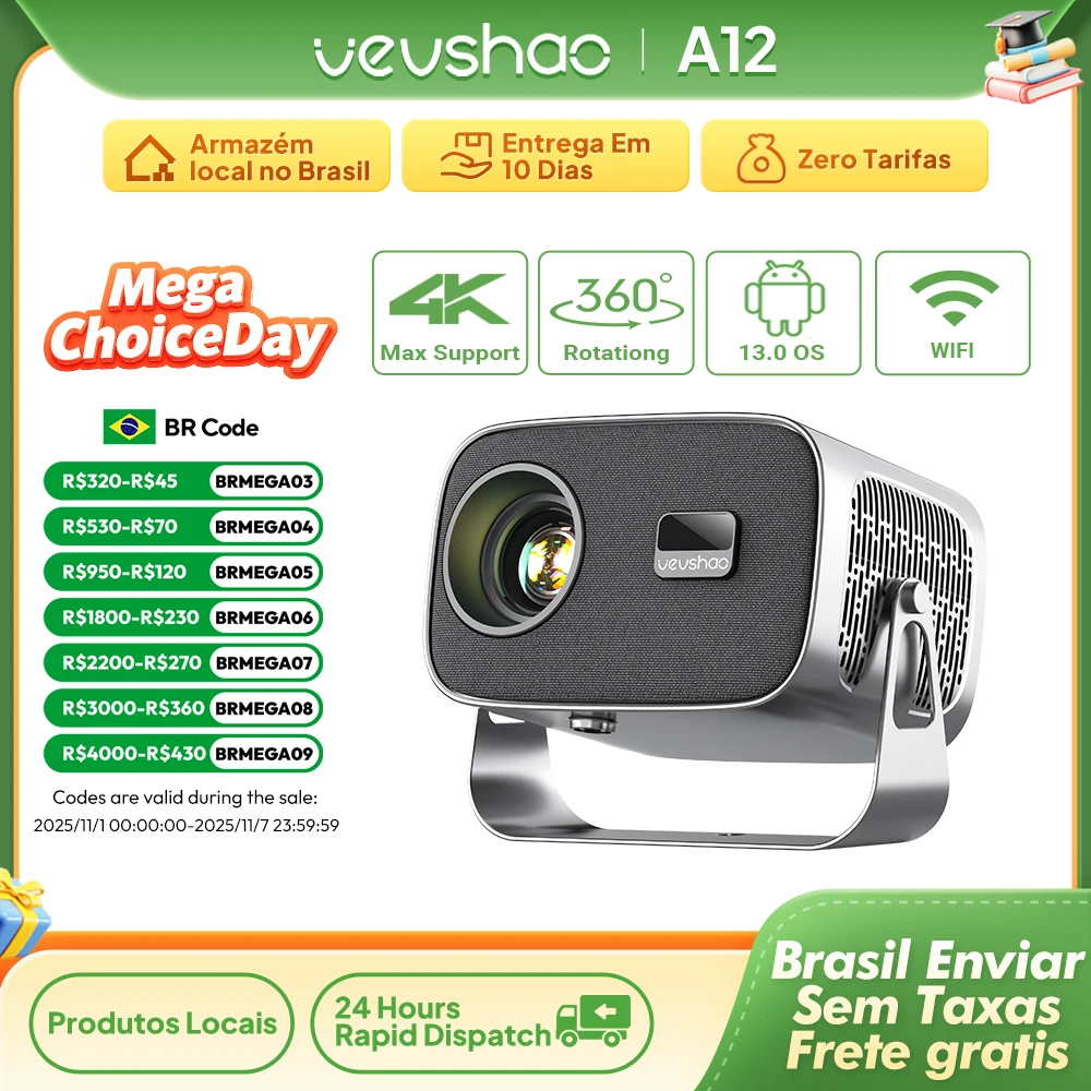 Vevshao a12 projetor mini portátil led vídeo android 13.0 wifi 6 espelho smartphone para 1080p 4k vídeo projetor de cinema em casa