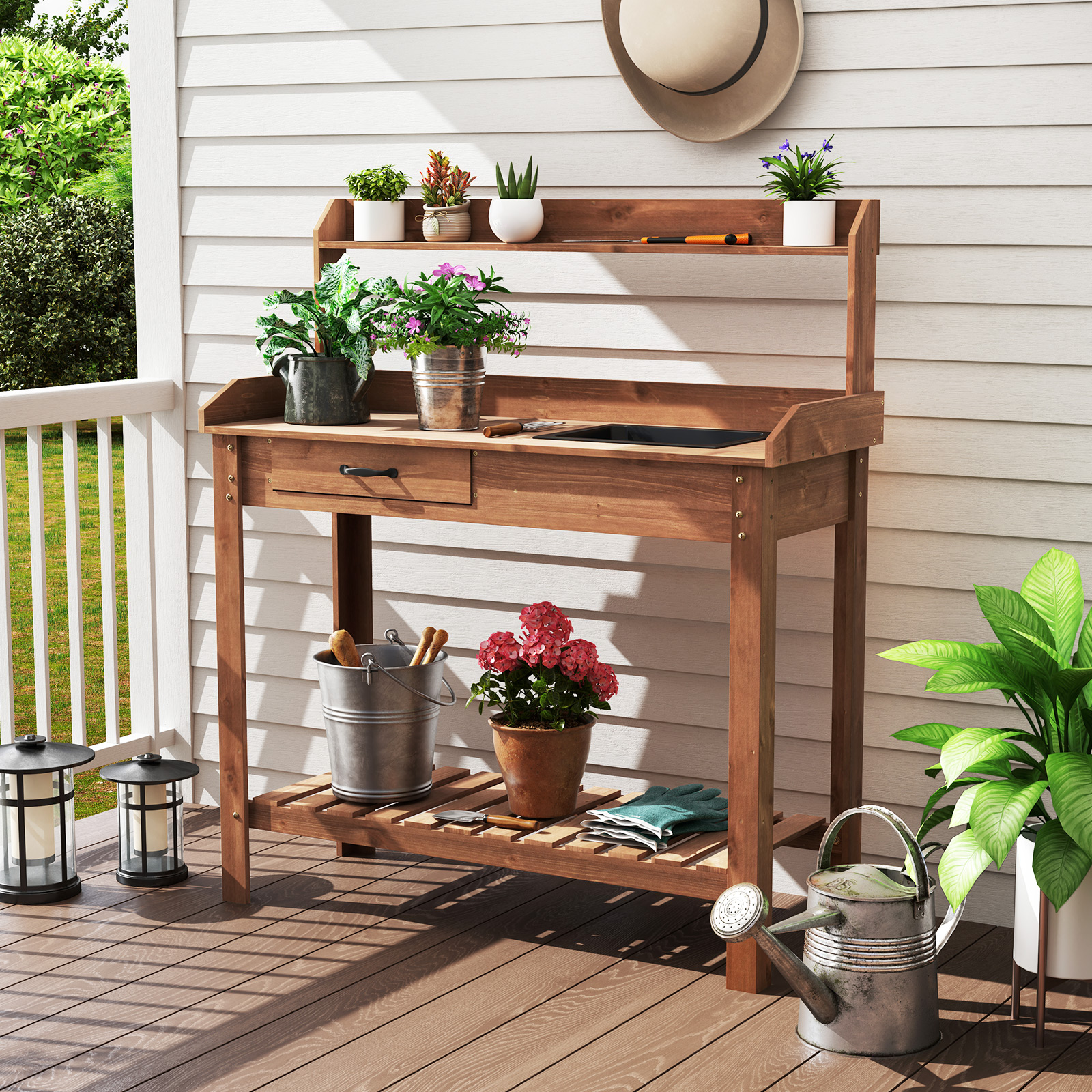 Potting Bench Outdoor Wooden Garden Table Work Station Solid Gardening Table