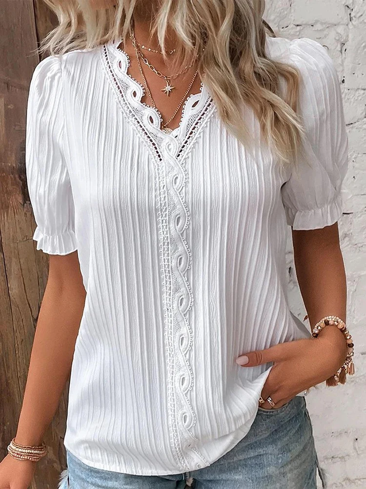 2024 sommer Neue frauen Bluse Top Solide Sexy V-ausschnitt Hohl Kurzarm Mode Splice Plus Größe Lose Straße Bekleidung hemd