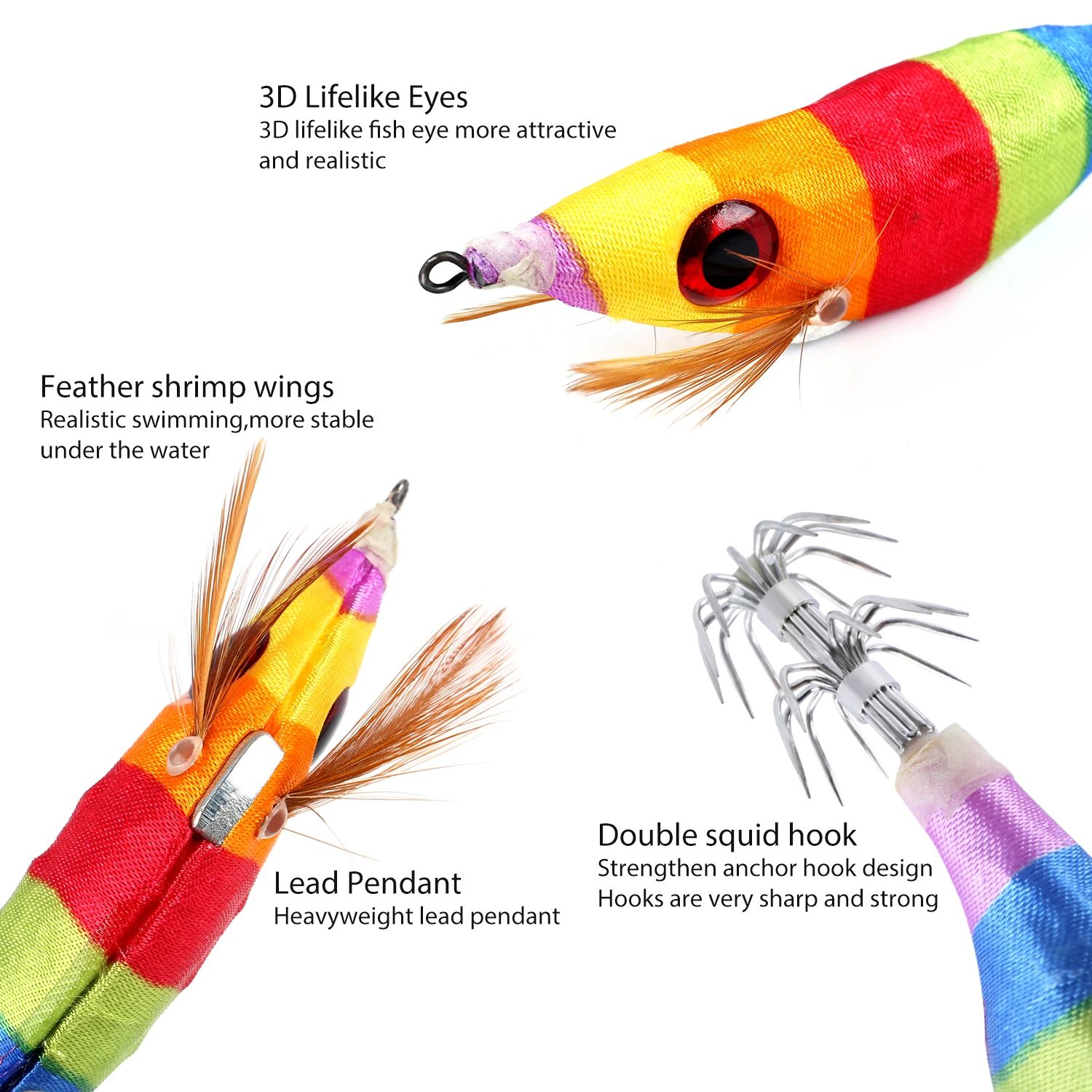 Sougayilang Esca per calamari biomimetici 3D con nastro fluorescente multicolore e pendente in piombo Design a doppio gancio per un forte attrazione