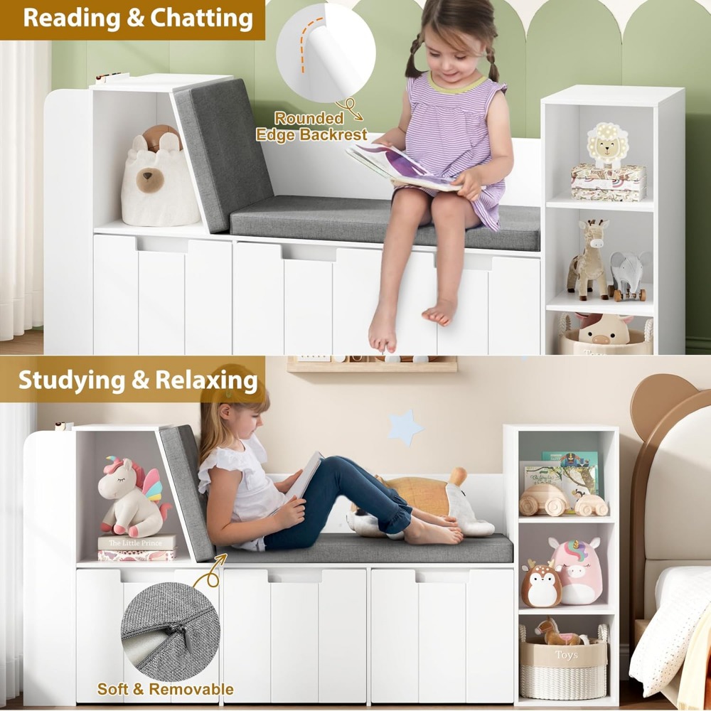 61.5" Kids Reading Nook with 3-Layer Bookshelf, Reading Nook for Kids with Double Bench and Rolling Drawers, Kids Toy Storage
