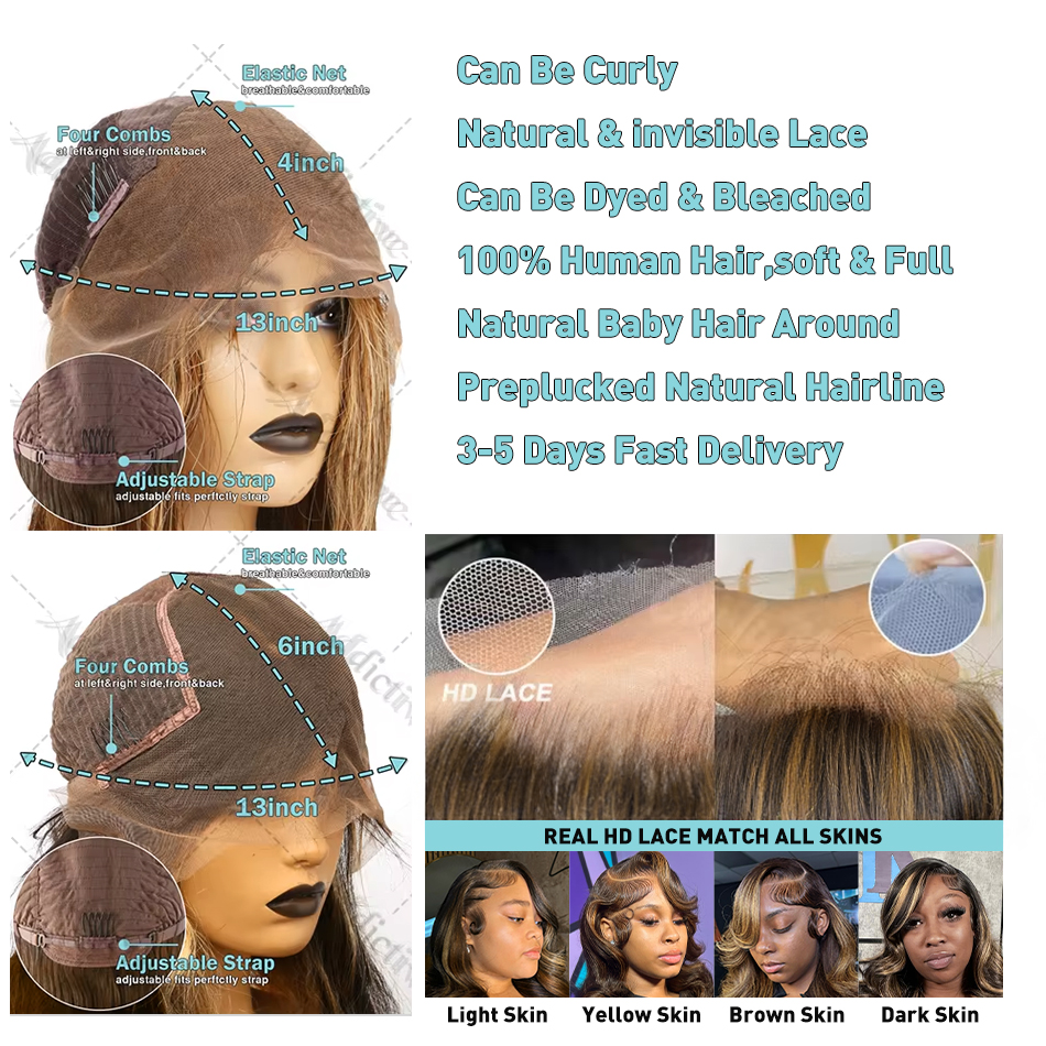 30 40 Inch 4/27 Highlight Body Wave 13x4 Human Hair Lace Frontal Wigs 200Density Colored Ombre 13x6 HD Lace Front Wig For Women
