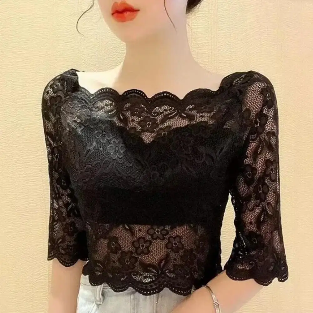 夏の花レースブラウス黒、白長袖トップセクシーな女性の Tシャツ透明クロップドトップス Tシャツトップススリムレディース Tシャツ