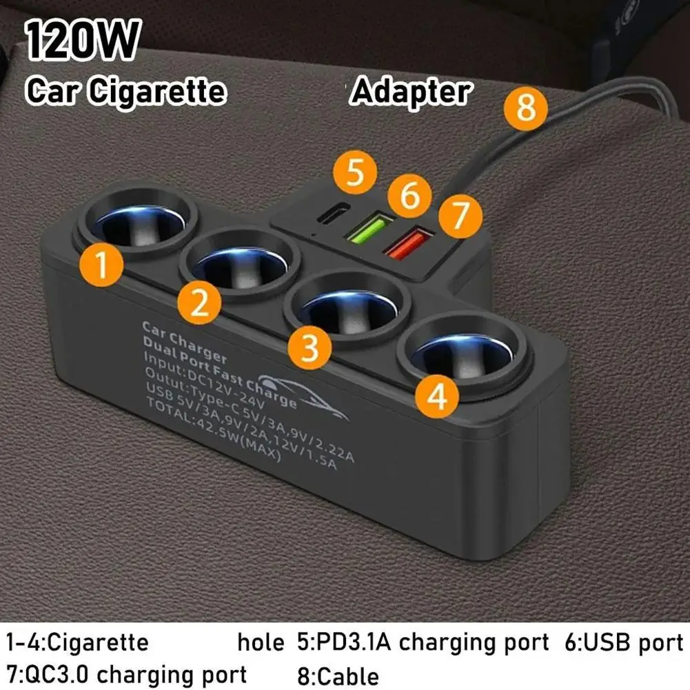 12 V/24 V Sigarettenaansteker Adapter Nieuwe 4-Socket 3.1A Oplader Oplader USB Auto USB + QC3.0 + PD3.1A Accessoires Poort USB 120 W