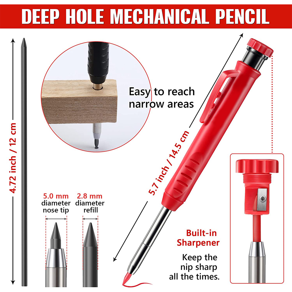 2.8mm Solid Carpenter Pencil with Refill Lead and Built-in Sharpener Professional Carpenter Mechanical Pencil for Deep Hole Mark