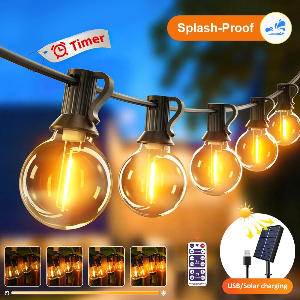 G40 LED-Solar-Lichterkette in Warmweiß mit Fernbedienung und 8 Blinkmodi – einstellbare Helligkeit, wetterbeständig für Ga