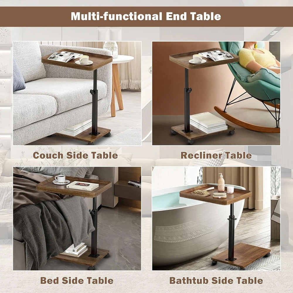 Adjustable Rolling Cart Overbed Bedside Table Laptop Desk Medical Home Bed Food Tray 360° Rotatable Sofa Tray Table Home Office
