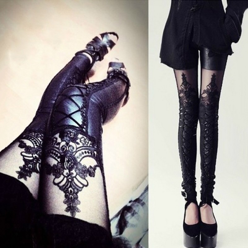 Stylish Sexy Women Faux Leather Gothic Punk Leggings Pants Imitation Lace Skinny Pants Nine-point Trousers Leather Goth Pants