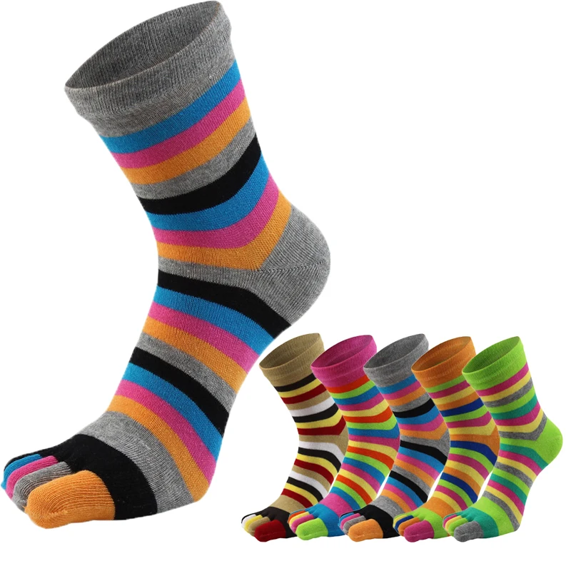 Nuevos calcetines con dedos para mujer, divertidos calcetines con cinco dedos, calcetines cortos transpirables de algodón con estampado de rayas coloridas y arcoíris para mujer