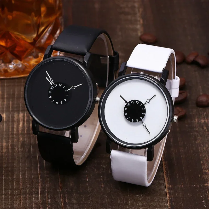 Par de relojes de cuarzo informales, reloj con correa de cuero, reloj de pulsera analógico para mujeres y hombres, reloj con esfera Digital creativa elegante, reloj