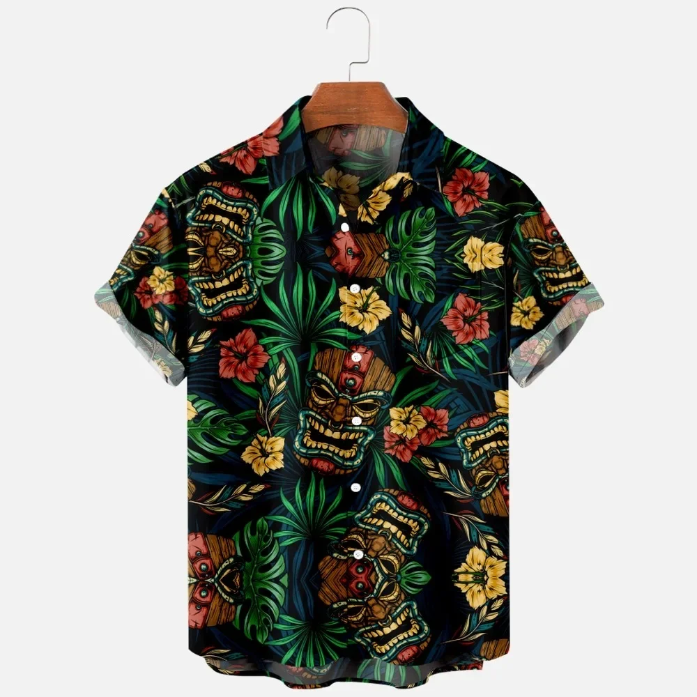 T-shirt estive alla moda da uomo Stampa hawaiana 3D Camicie casual comode con un bottone Camicie oversize da spiaggia a maniche corte