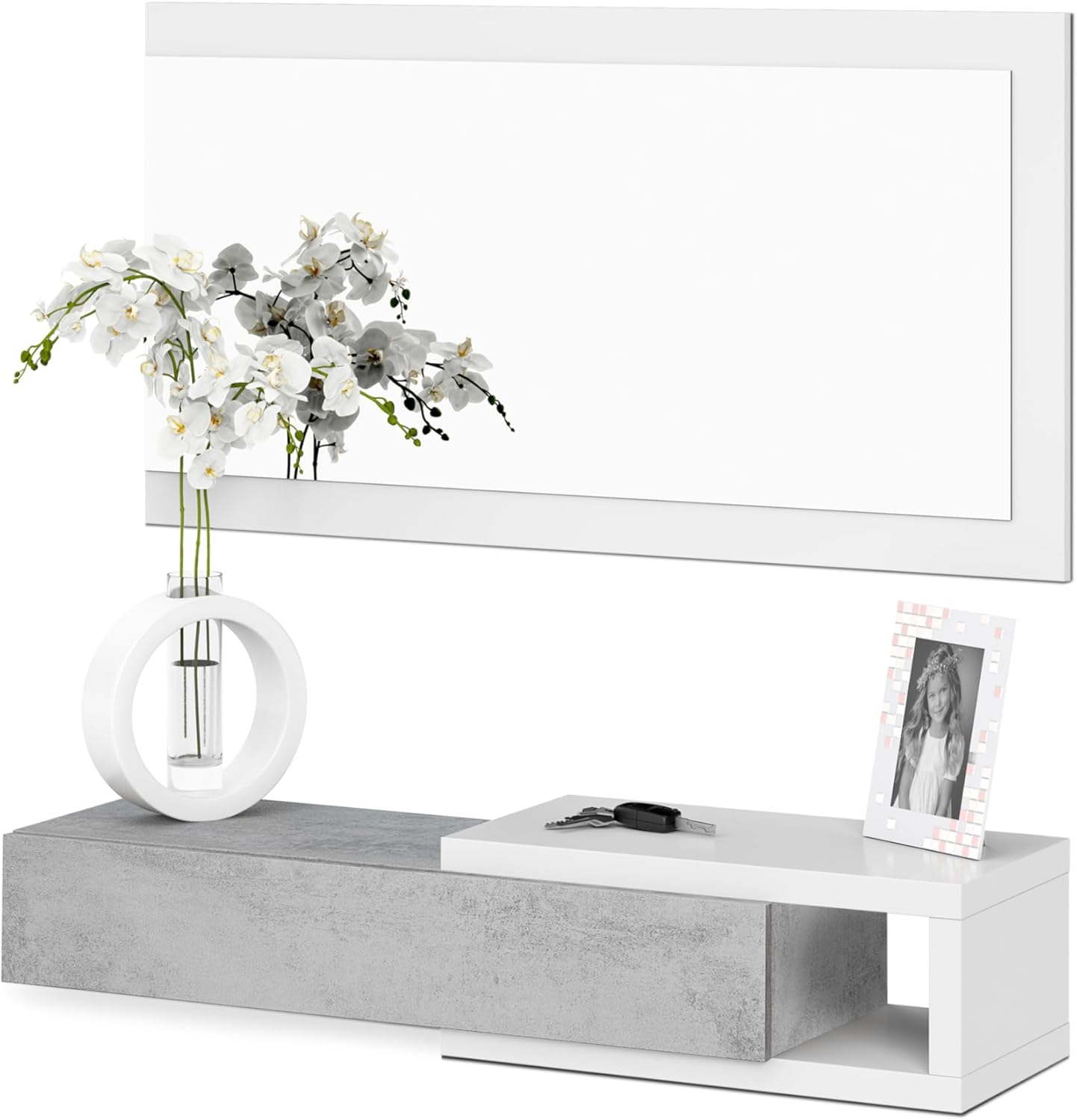 |   Recibidor con Cajón y Espejo, Mueble de Entrada, Modelo Derek, Acabado en Blanco Artik y Gris Cemento, Medidas: 95 cm (Ancho)