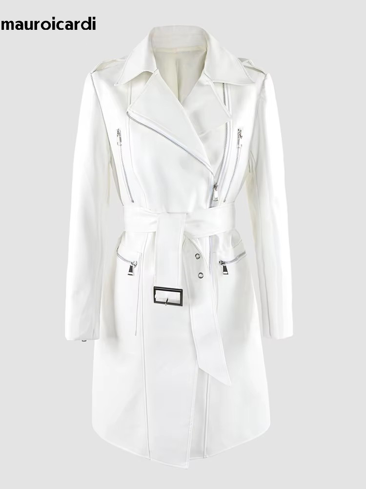 Mauroicardi Frühling Herbst Lange Weiß Ausgestattet Pu Leder Biker Motorrad Jacke Frauen Zipper Gürtel Europäischen Mode Leder Mantel