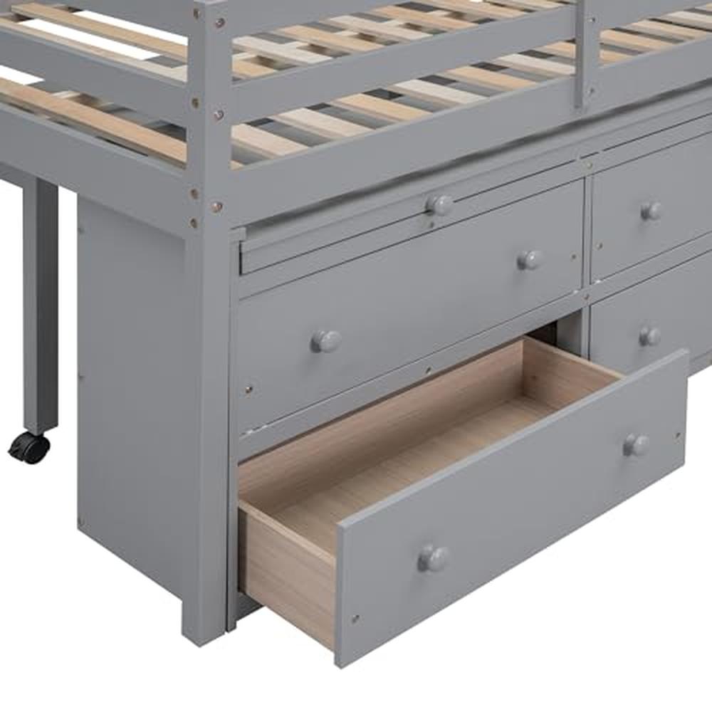 Children's Loft Bed with Desk and Storage Drawers Full Size Modern Wooden Loft Bunk Bed Gray Loft Bed with Shelves Sturdy Kids
