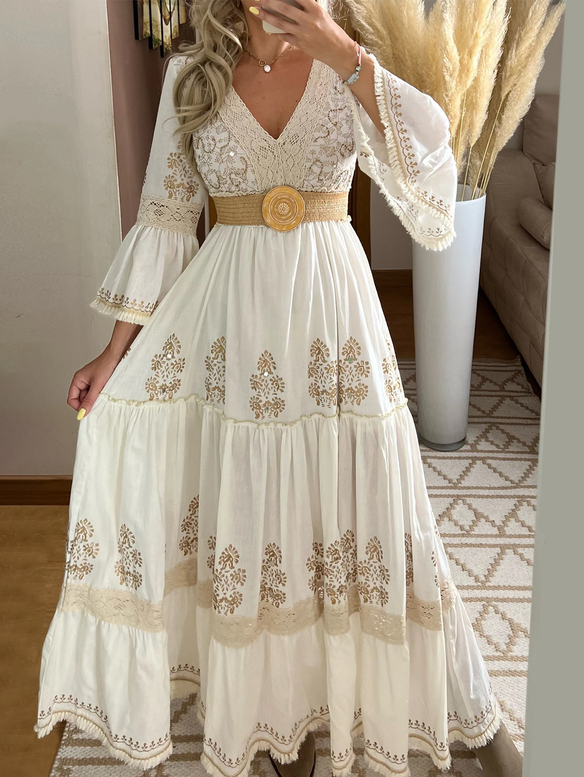 Damen Herbst Lässiges Langes Kleid Blumendruck Spitze V-Ausschnitt Langarmkleid Mode Urlaub Maxikleid Elegante Klassiker Vielseitigkeit