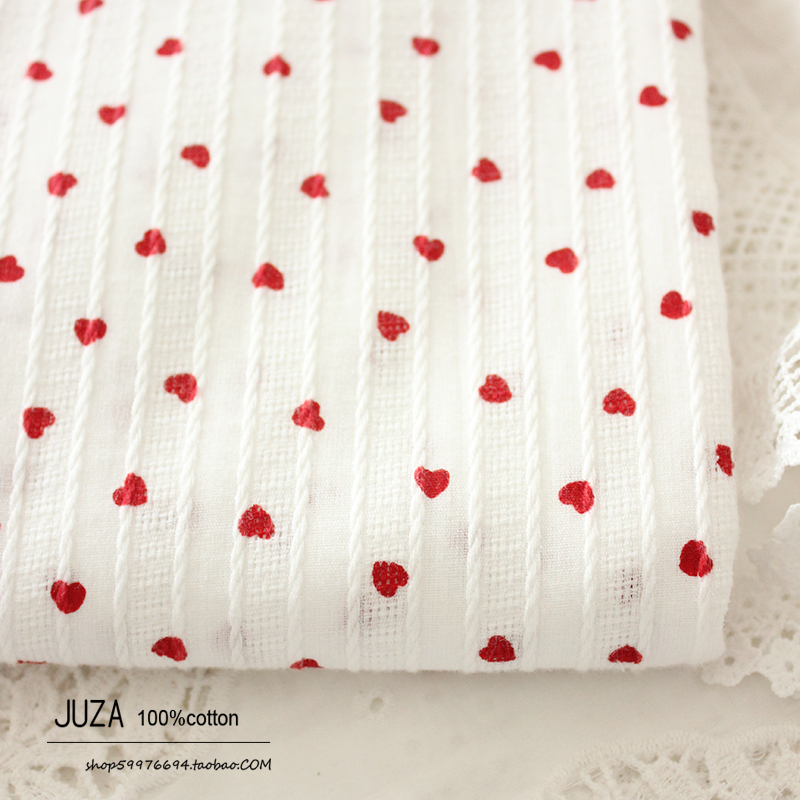 Tela de camisa de corazón pequeño rojo con bordado de flores de algodón puro, tela DIY, 145x50cm